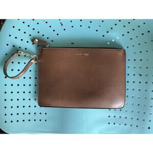 Karl Lagerfeld Paris Brandy Brown Leather Wristlet Pouch Clutch Zip Top w Brass